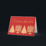 Tarjeta Festiva Chrismukkah Oro Y Festividades Rojas Añade Su Foto<br><div class="desc">Añade tu foto favorita al interior de esta tarjeta de vacaciones de Chrismukkah en rojo y oro. Esta sencilla y elegante tarjeta de felicitación es perfecta para familias mixtas que celebran tanto a los Navidades como a Hanukkah. Mis imágenes de oro simuladas del árbol de Navidad y Hanukkah Menorah se...</div>