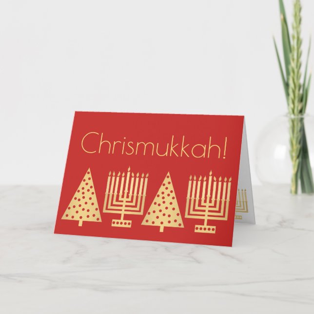 Tarjeta Festiva Chrismukkah Oro Y Festividades Rojas Añade Su Foto (Anverso)