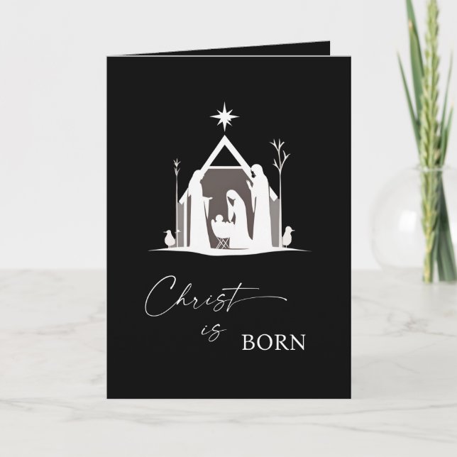 Tarjeta Festiva Christ is Born White Nativity Black Christmas II (Anverso)