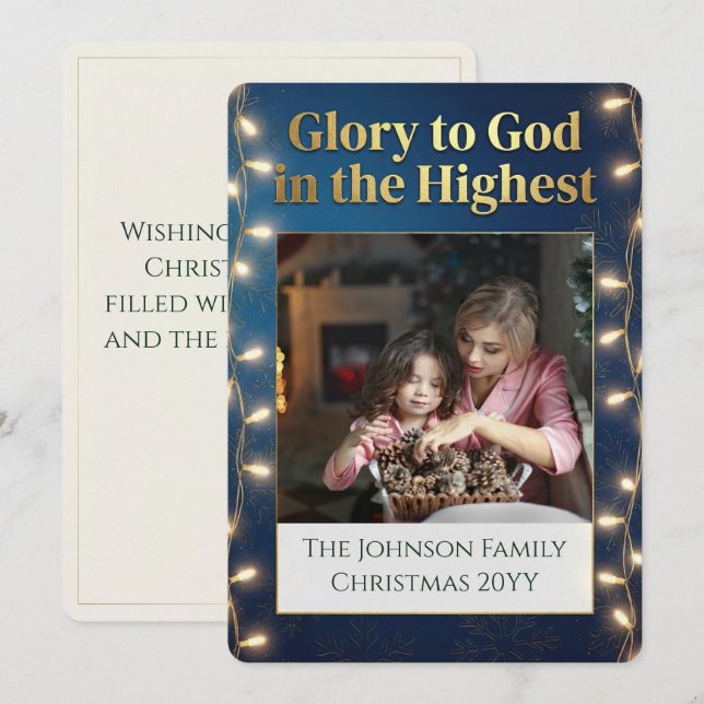 Tarjeta Festiva Christian Christmas Glory to God One Photo Gold (Anverso / Reverso)