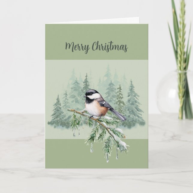 Tarjeta Festiva Christian Christmas Winter Spruce Tree Chickadee (Anverso)