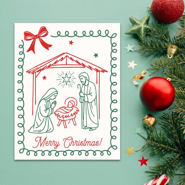 Tarjeta Festiva Christian Nativity Scene Religious Christmas (A simple, faith-forward Christmas design featuring red & green line-art of the nativity scene)