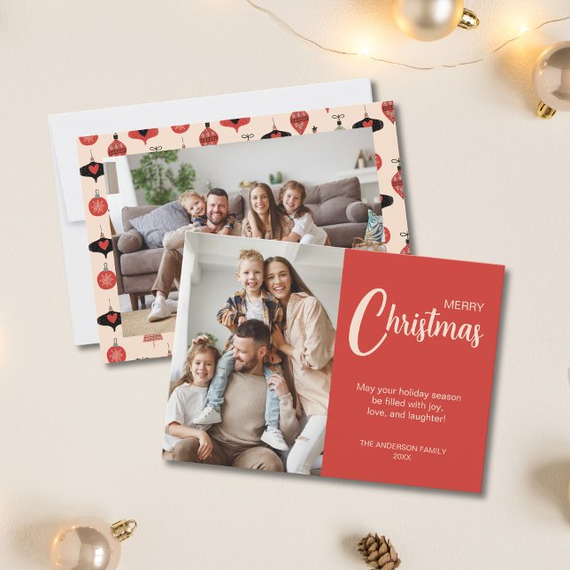 Tarjeta Festiva Christmas 2 Photos Family Red (Christmas 2 Photos Family Red Holiday Card)