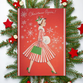 Tarjeta Festiva Christmas Again Vintage 1950s Fashion Lady