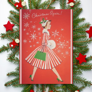 Tarjeta Festiva Christmas Again Vintage 1950s Fashion Lady