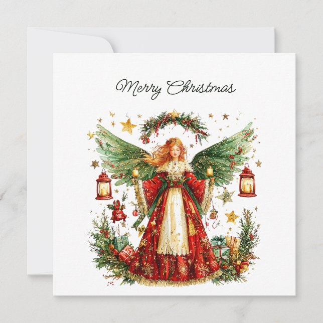 Tarjeta Festiva Christmas Angel & Winter berries, Customisable (Anverso)
