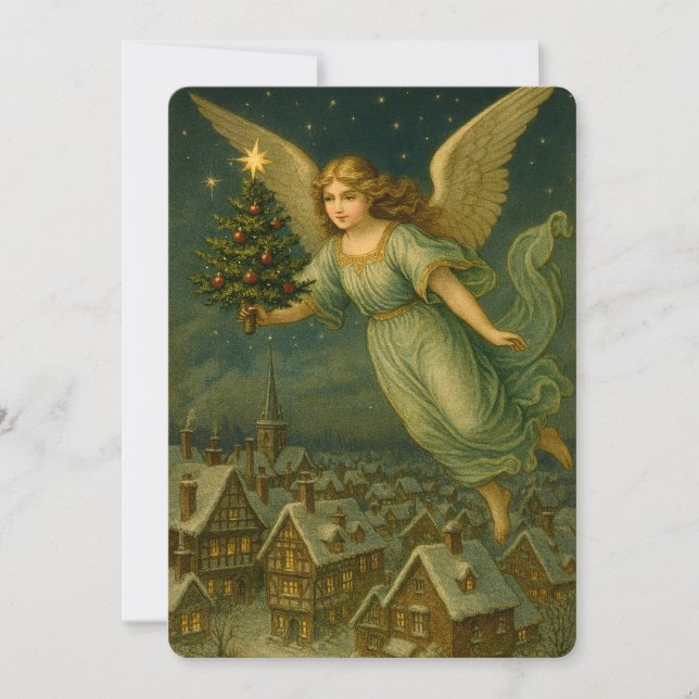 Tarjeta Festiva Christmas Angel With Tree Retro Victorian Era (Anverso)