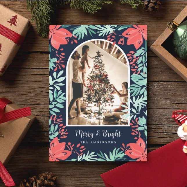 Tarjeta Festiva Christmas Arch Photo Botanical Red Floral Blue (Subido por el creador)