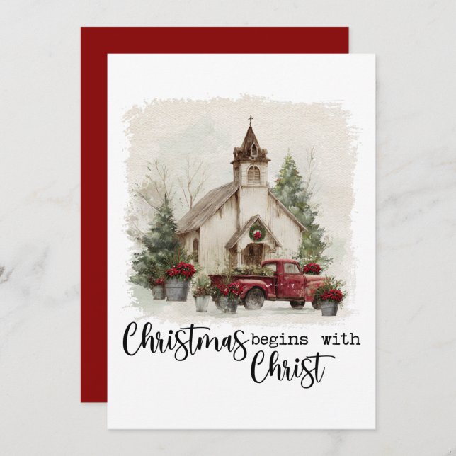 Tarjeta Festiva Christmas Begins With Christ Rustic Red Truck (Anverso / Reverso)