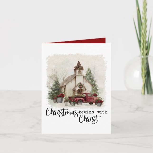 Tarjeta Festiva Christmas Begins With Christ Watercolor Red Truck (Anverso)