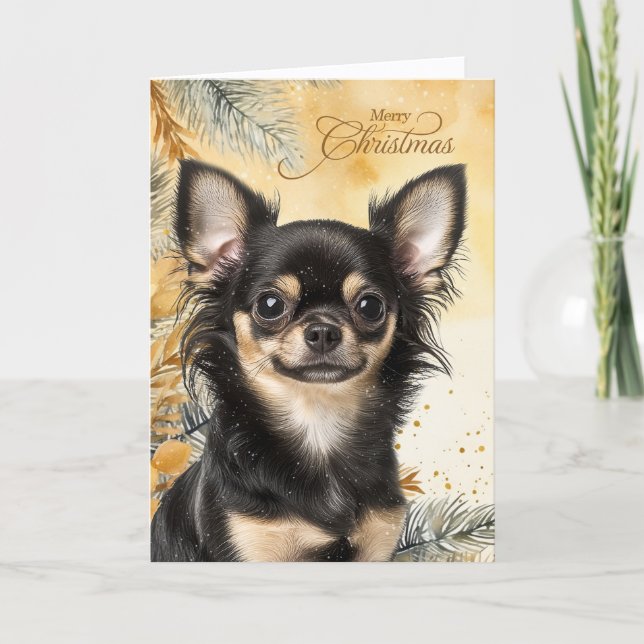 Tarjeta Festiva Christmas Black Tan Chihuaua Dog Golden Pines (Anverso)