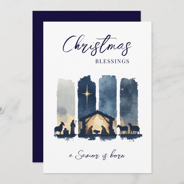 Tarjeta Festiva Christmas Blessings Watercolor Nativity Scene (Anverso / Reverso)