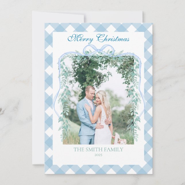 Tarjeta Festiva Christmas Blue Gingham Garland Grandmillenial (Anverso)