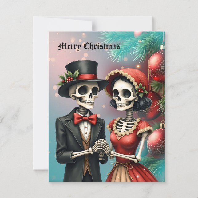 Tarjeta Festiva Christmas Bone Romance, A festive skeleton couple. (Anverso)