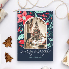 Tarjeta Festiva Christmas  Botanical Red Floral Blue Arch Photo