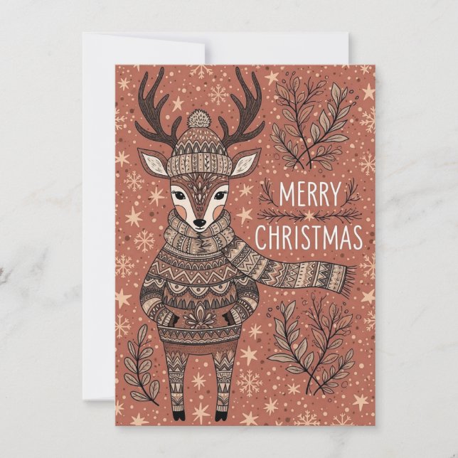 Tarjeta Festiva Christmas Card of Reindeer In Knitted Sweater  (Anverso)