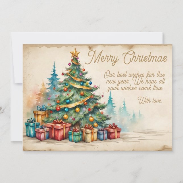 Tarjeta Festiva Christmas Card With Decorated Tree and Gifts (Anverso)