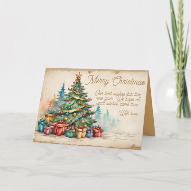 Tarjeta Festiva Christmas Card With Decorated Tree and Gifts (Anverso)