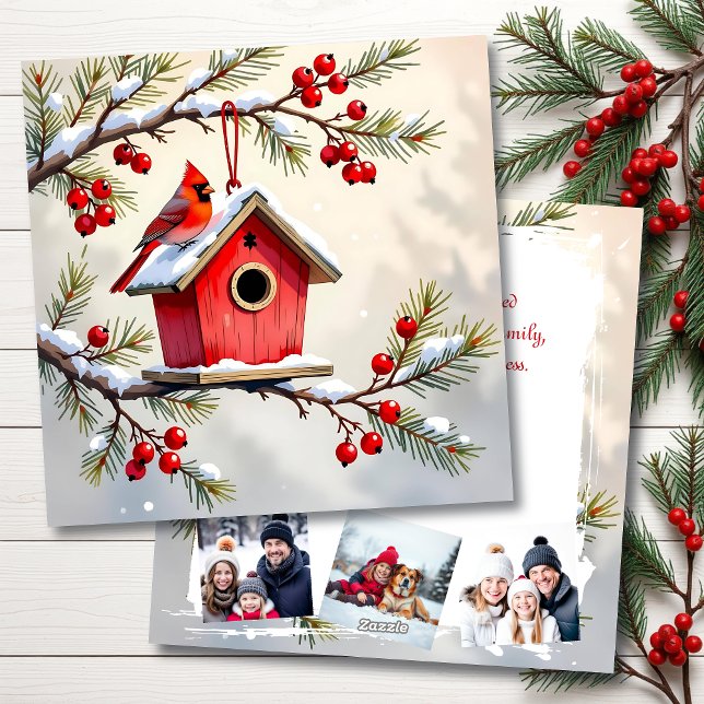 Tarjeta Festiva Christmas Cardinal & Birdhouse Personalized  Photo (Subido por el creador)