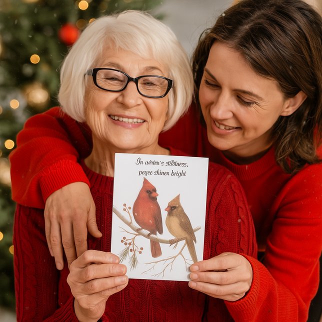 Tarjeta Festiva Christmas Cardinals Wildlife Holiday Card (A joyful grandmother proudly showing the cardinal card, with her daughter warmly embracing her. )