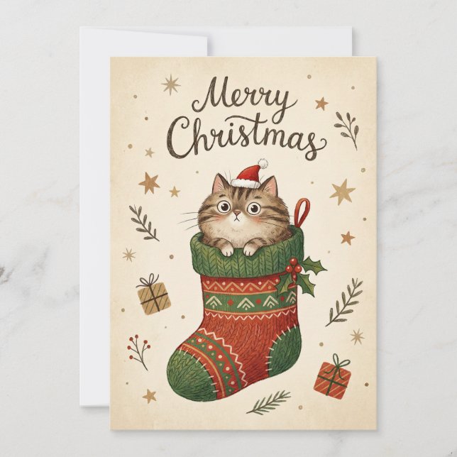 Tarjeta Festiva Christmas Cat in Stocking (Anverso)