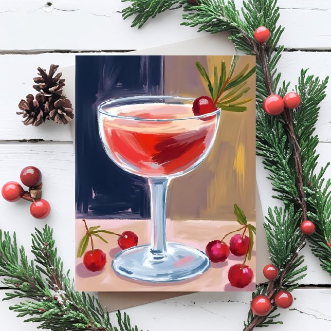 Tarjeta Festiva Christmas Cocktail | Red Berries Pine Merry (Subido por el creador)