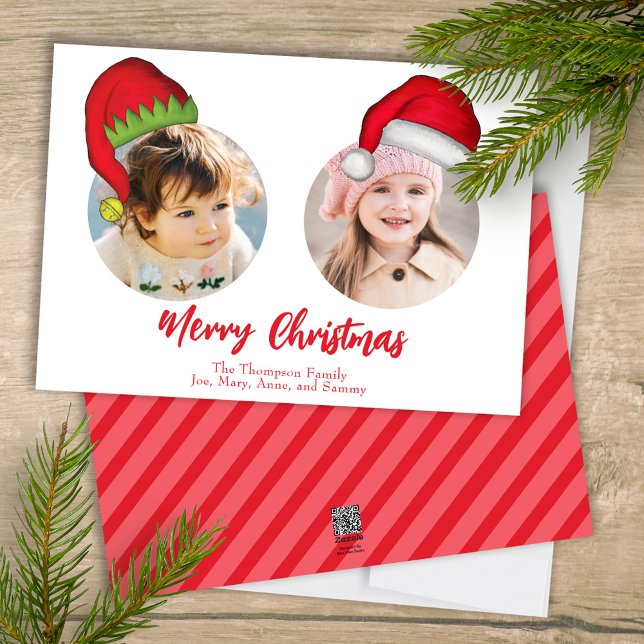 Tarjeta Festiva Christmas Cute Santa Elf Funny Whimsical 2 Photo (Merry Christmas cute whimsical multi-photo greeting card with a three-photo template. )