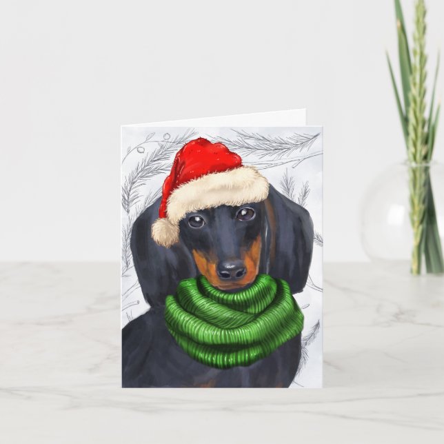 Tarjeta Festiva Christmas Dachshund and Botanical Pines (Anverso)