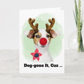 Tarjeta Festiva Christmas Dog with Antlers for Cousin Funny