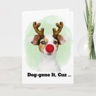 Tarjeta Festiva Christmas Dog with Antlers for Cousin Funny