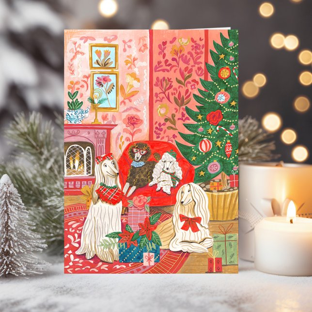 Tarjeta Festiva Christmas Dogs Afghan Hound Hand drawn  (Afghan Hound Hand drawn Christmas Dog Holiday Card)