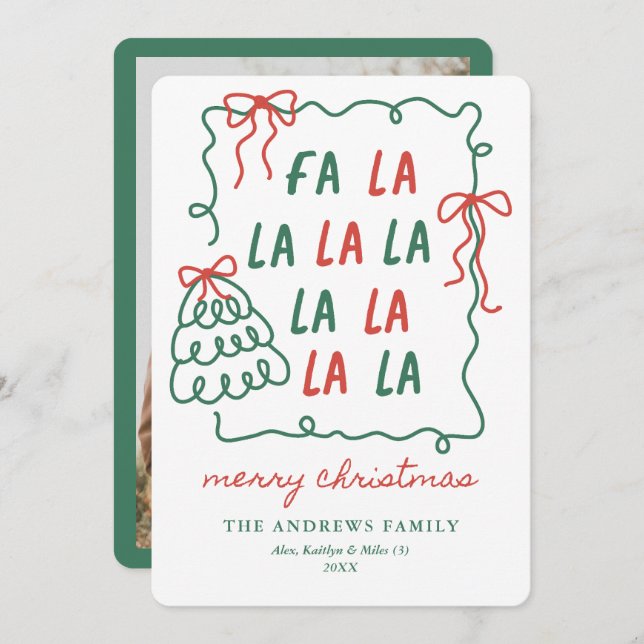 Tarjeta Festiva Christmas Doodle Bows Red & Green Merry Christmas (Anverso / Reverso)