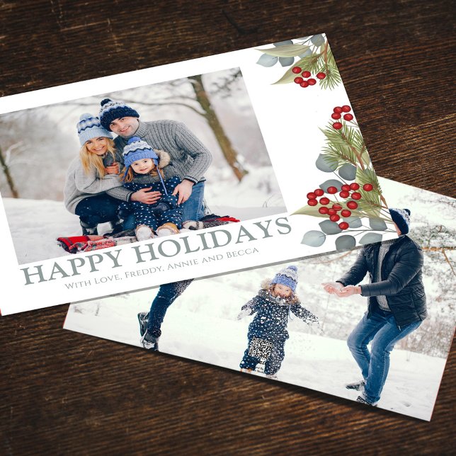 Tarjeta Festiva Christmas Elegant Winter Holly Berries 2 Photo (Happy Holidays photo card with blue eucalyptus and winter greenery. )