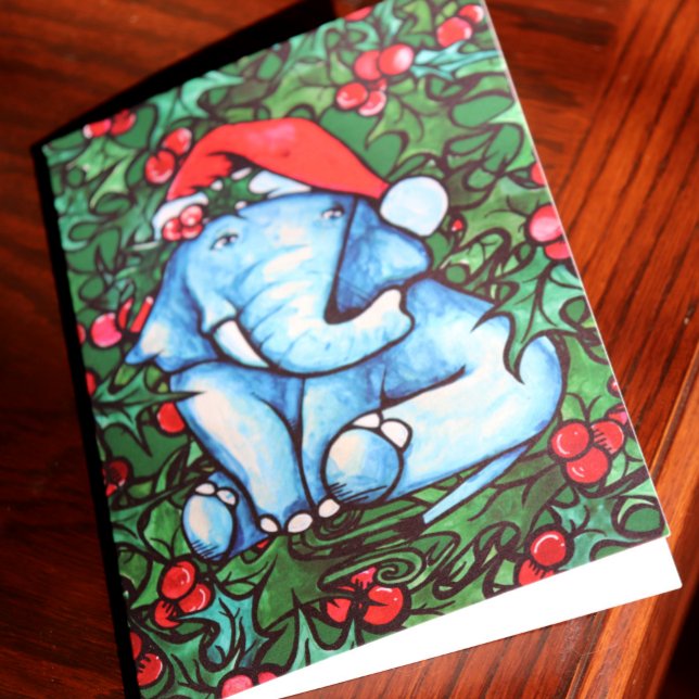Tarjeta Festiva Christmas Elephant Holly Yule (Subido por el creador)