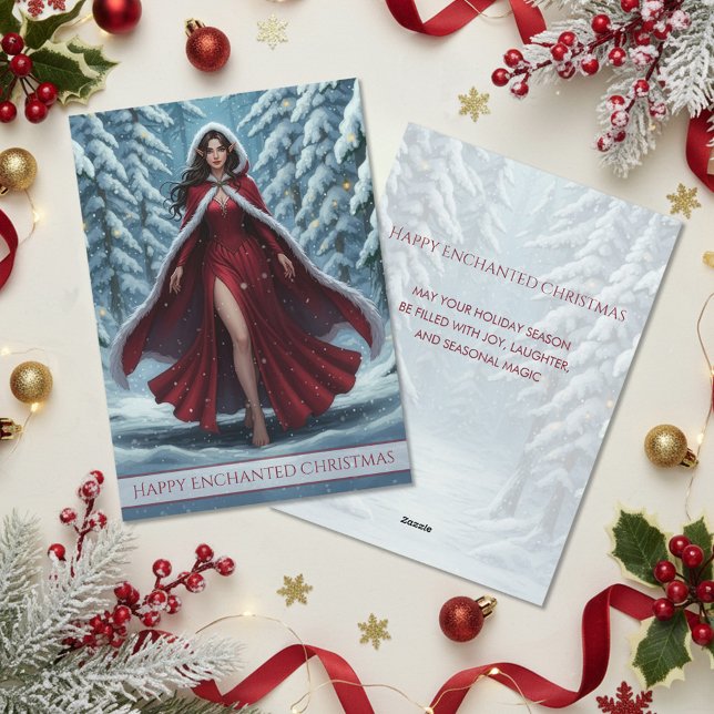 Tarjeta Festiva Christmas Elf in Red in Snowy Winter Forest (Subido por el creador)