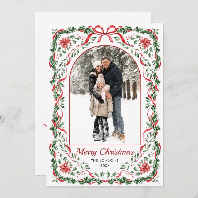 Tarjeta Festiva Christmas Funky Whimsical Red Bow Wreath 2 Photo (Anverso / Reverso)