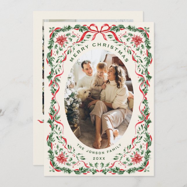 Tarjeta Festiva Christmas Funky Whimsical Red Bow Wreath 2 Photo (Anverso / Reverso)