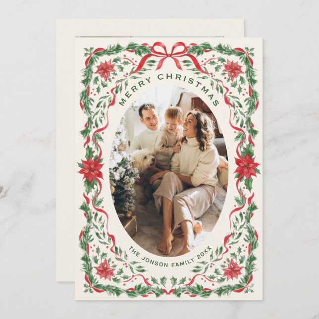 Tarjeta Festiva Christmas Funky Whimsical Red Bow Wreath 2 Photo (Anverso / Reverso)