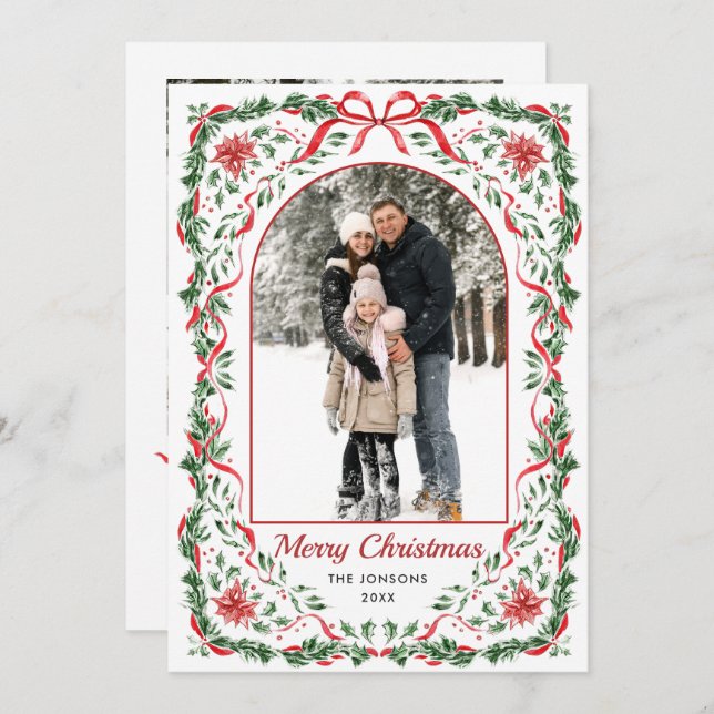 Tarjeta Festiva Christmas Funky Whimsical Red Bow Wreath 5 Photo (Anverso / Reverso)