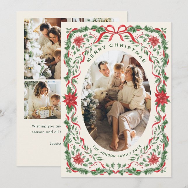 Tarjeta Festiva Christmas Funky Whimsical Red Bow Wreath 5 Photo (Anverso / Reverso)