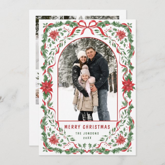 Tarjeta Festiva Christmas Funky Whimsical Red Bow Wreath 5 Photo (Anverso / Reverso)