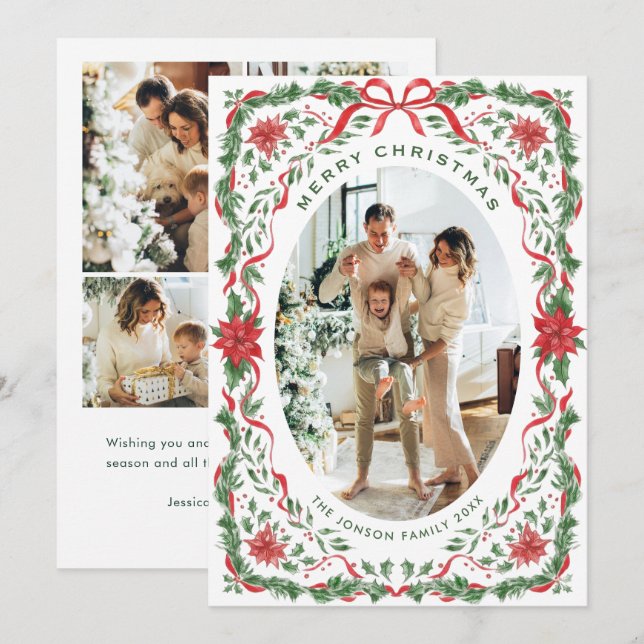 Tarjeta Festiva Christmas Funky Whimsical Red Bow Wreath 5 Photo (Anverso / Reverso)