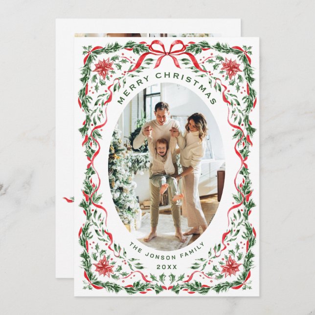 Tarjeta Festiva Christmas Funky Whimsical Red Bow Wreath 5 Photo (Anverso / Reverso)