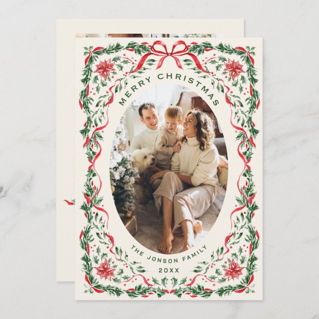 Tarjeta Festiva Christmas Funky Whimsical Red Bow Wreath 5 Photo (Anverso / Reverso)