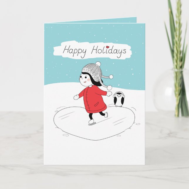 Tarjeta Festiva Christmas Girl Ice Skating Holiday Card (Anverso)
