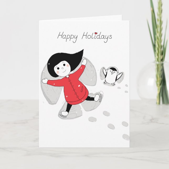 Tarjeta Festiva Christmas Girl Snow Angels Holiday Card (Anverso)