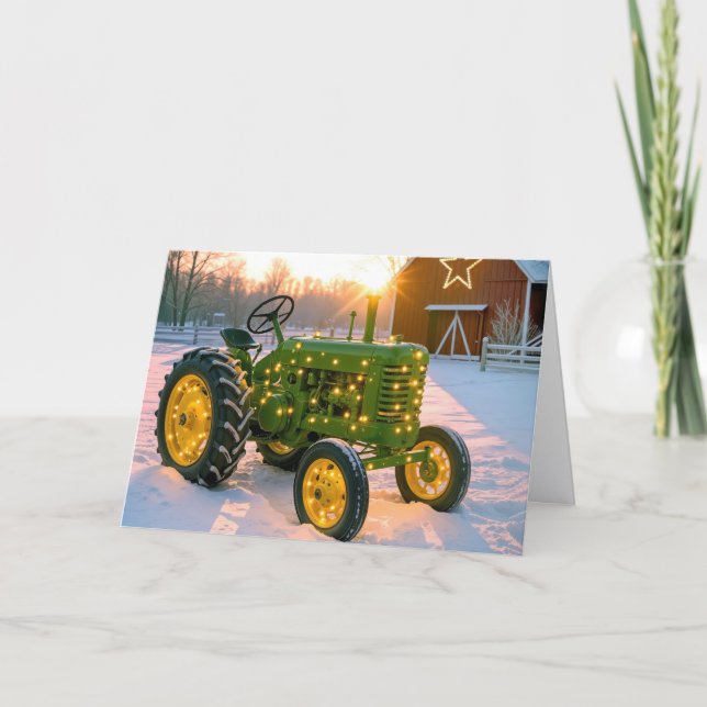 Tarjeta Festiva Christmas Green Old Farm Tractor (Anverso)