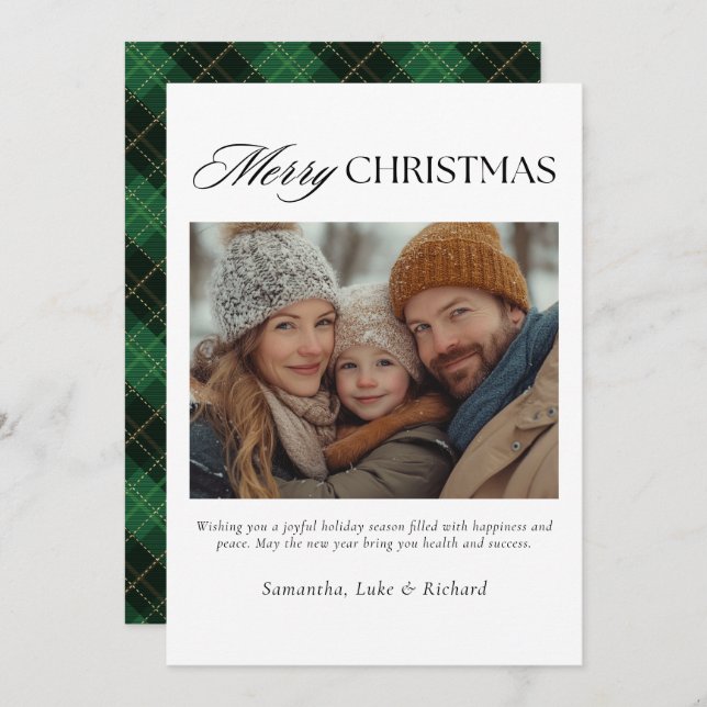 Tarjeta Festiva Christmas Green Plaid Family Photo Holiday Card (Anverso / Reverso)