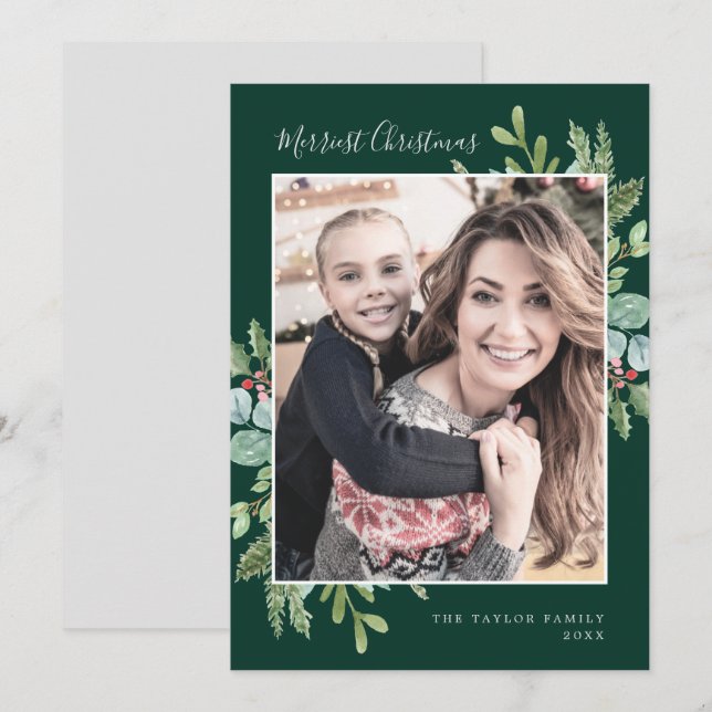 Tarjeta Festiva Christmas Greenery Green Merriest Christmas Photo (Anverso / Reverso)