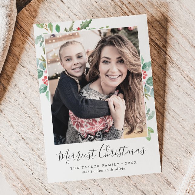 Tarjeta Festiva Christmas Greenery Merriest Christmas Family Photo (Subido por el creador)